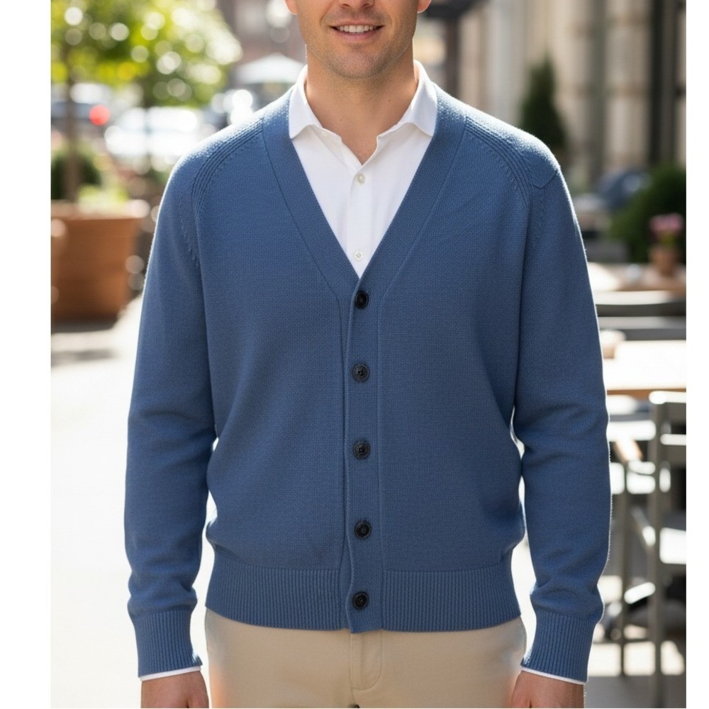 Bonobos Men Blue Slim Fit V-Neck Button Front Cardigan‎ Sweater Raglan Sleeve